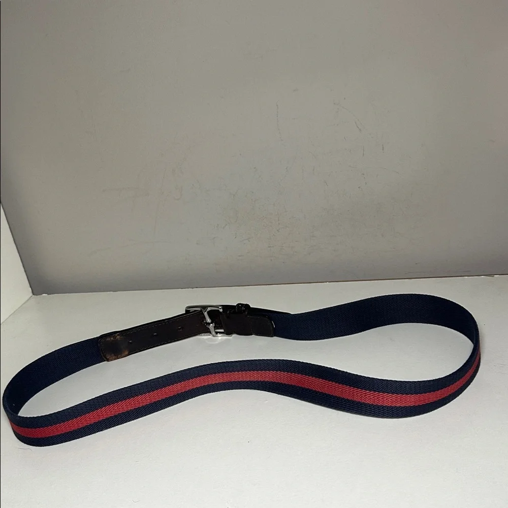 Coach Men's Brown Leather Belt with Navy and Red Stripe solid brass